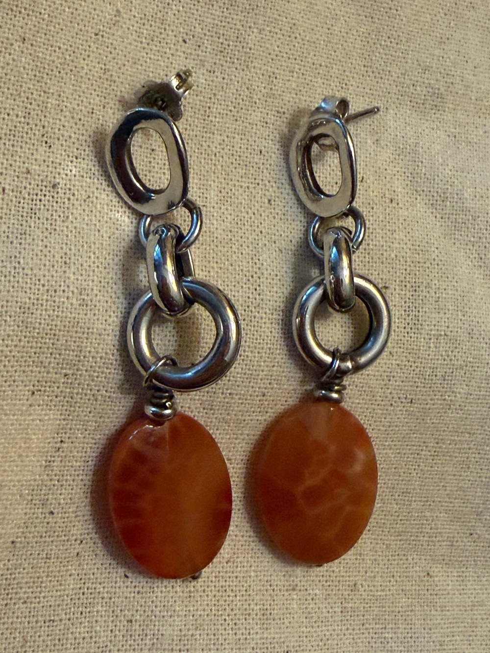Silver Drop Earrings with Orange Agate Stone 2” long